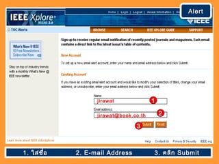 1. ใส่ชื่อ 2. E-mail Address 3. คลิก Submit
jirawat
jirawat@book.co.th
AlertAlertAlertAlert
1
2
3
 