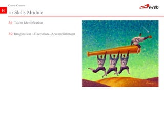 B Course Content B:3  Skills Module 3:1   Talent Identification 3:2   Imagination ...Execution...Accomplishment 