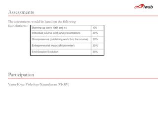 Assessments  Vastu-Kriya-Visleshan-Naamakaran (VKRV)  The assessments would be based on the following four elements : Participation 30%   End-Session Evolution   20%   Entrepreneurial Impact (Micro-enter)   20%   Omnipresence (publishing work thro the course)   20%   Individual Course work and presentations   10%   Showing up (only 100% get it)   
