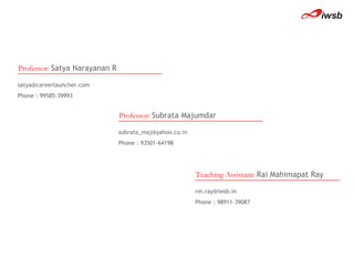 Professor:   Satya Narayanan R  [email_address] Phone : 99585-39993  Teaching Assistant:   Rai Mahimapat Ray  [email_address] Phone : 98911-39087 Professor:   Subrata Majumdar [email_address] Phone : 93501-64198 