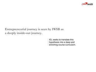 Entrepreneurial journey is seen by IWSB as  a deeply inside-out journey.  IEL seeks to translate this hypothesis into a deep and enriching course curriculum.  