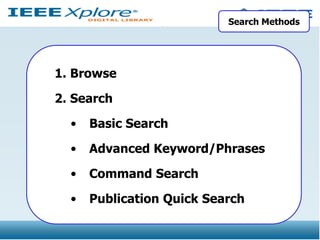 Search Methods

1. Browse
2. Search
•

Basic Search

•

Advanced Keyword/Phrases

•

Command Search

•

Publication Quick Search

 