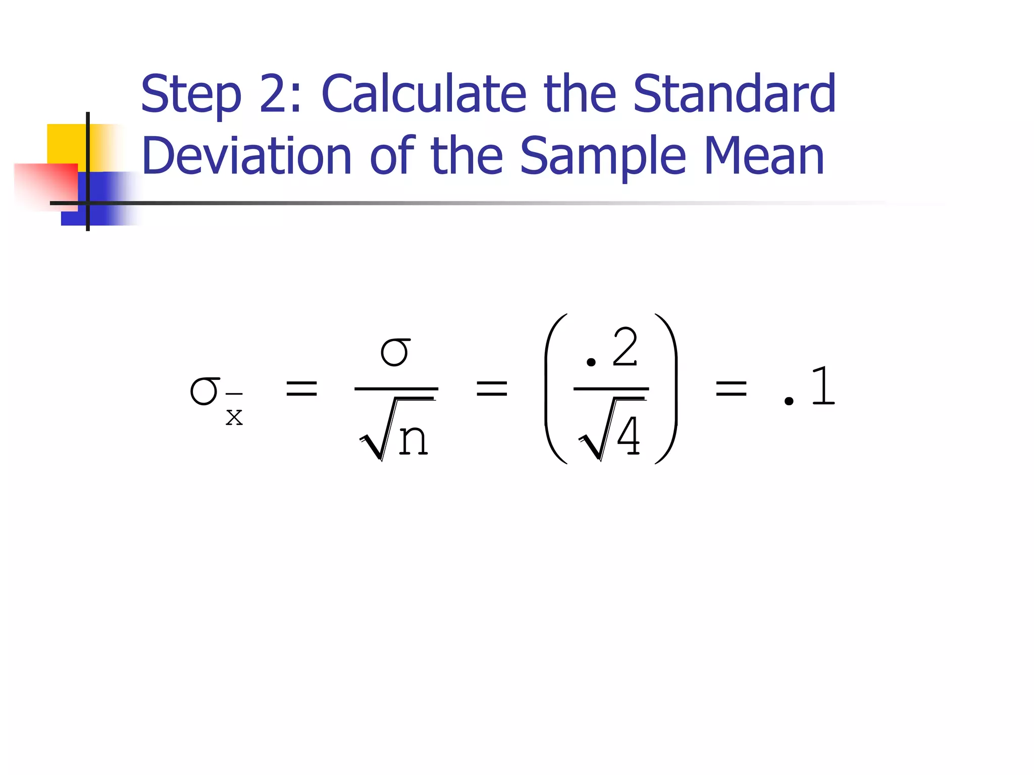 Step 2: Calculate the Standard
Deviation of the Sample Mean
x
σ .2
σ .1
n 4
 
   
 
 