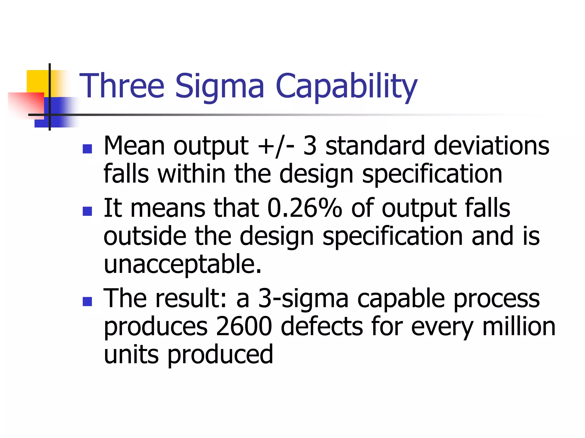 Three Sigma Capability
 Mean output +/- 3 standard deviations
falls within the design specification
 It means that 0.26% of output falls
outside the design specification and is
unacceptable.
 The result: a 3-sigma capable process
produces 2600 defects for every million
units produced
 