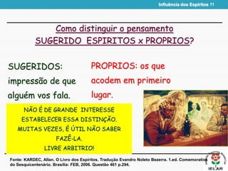 Influência dos Espíritos 11
Como distinguir o pensamento
SUGERIDO ESPIRITOS x PROPRIOS?
SUGERIDOS:
impressão de que
alguém vos fala.
Fonte: KARDEC, Allan. O Livro dos Espíritos. Tradução Evandro Noleto Bezerra. 1.ed. Comemorativa
do Sesquicentenário. Brasília: FEB, 2006. Questão 461 p.294.
PROPRIOS: os que
acodem em primeiro
lugar.
NÃO É DE GRANDE INTERESSE
ESTABELECER ESSA DISTINÇÃO.
MUITAS VEZES, É ÚTIL NÃO SABER
FAZÊ-LA.
LIVRE ARBITRIO!
 