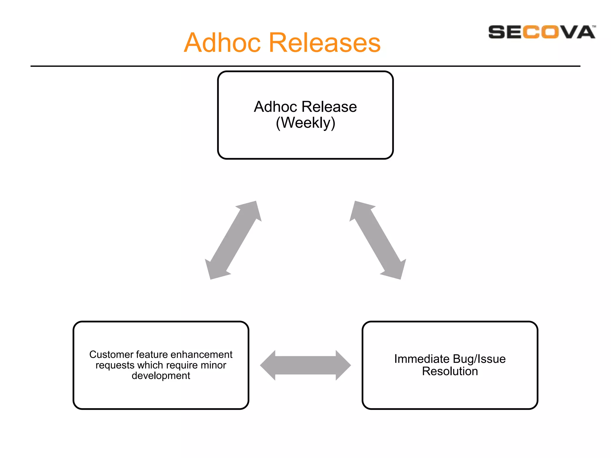 Adhoc Releases

                                Adhoc Release
                                  (Weekly)




Customer feature enhancement                    Immediate Bug/Issue
 requests which require minor
        development                                 Resolution
 