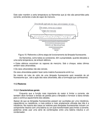 32



Este calor mantém a certa temperatura os filamentos que já não são percorridos pela
corrente, enchendo o tubo de vapor de mercúrio.




     Figura 15: Referente a última etapa de funcionamento da lâmpada fluorescente.
      Os filamentos, como todos os condutores, têm a propriedade, quando elevados a
uma certa temperatura, de embutir elétrons.
• Estes elétrons encontram os vapores de mercúrio. Sob o choque, estes últimos
emitem raios ultravioletas.
• Os raios ultravioletas não são visíveis.
Os raios ultravioletas podem fazer certa matéria fluorescente emitir luz.
No interior do tubo de vidro de uma lâmpada fluorescente será revestido de pó
fluorescente que , sob a ação dos raios ultravioleta, dão a iluminação que conhecemos.


11.3 Reatores


11.3.1 Características gerais
       Enquanto que a função mais importante do reator é limitar a corrente, ele
também deve fornecer a tensão de partida para a lâmpada e fornecer a baixa tensão
para o contínuo aquecimento dos cátodos.
Apesar de que as lâmpadas fluorescentes possam ser auxiliadas por uma indutância,
capacitância ou resistência, a mais prática e mais amplamente utilizada das três é a
indutância. Na maioria dos casos os reatores para lâmpadas fluorescentes incluem um
componente indutivo com uma bobina ou um auto-transformador para limitar a corrente,
podemos ainda usar uma série de combinações entre uma bobina indutiva e um
condensador.
 
