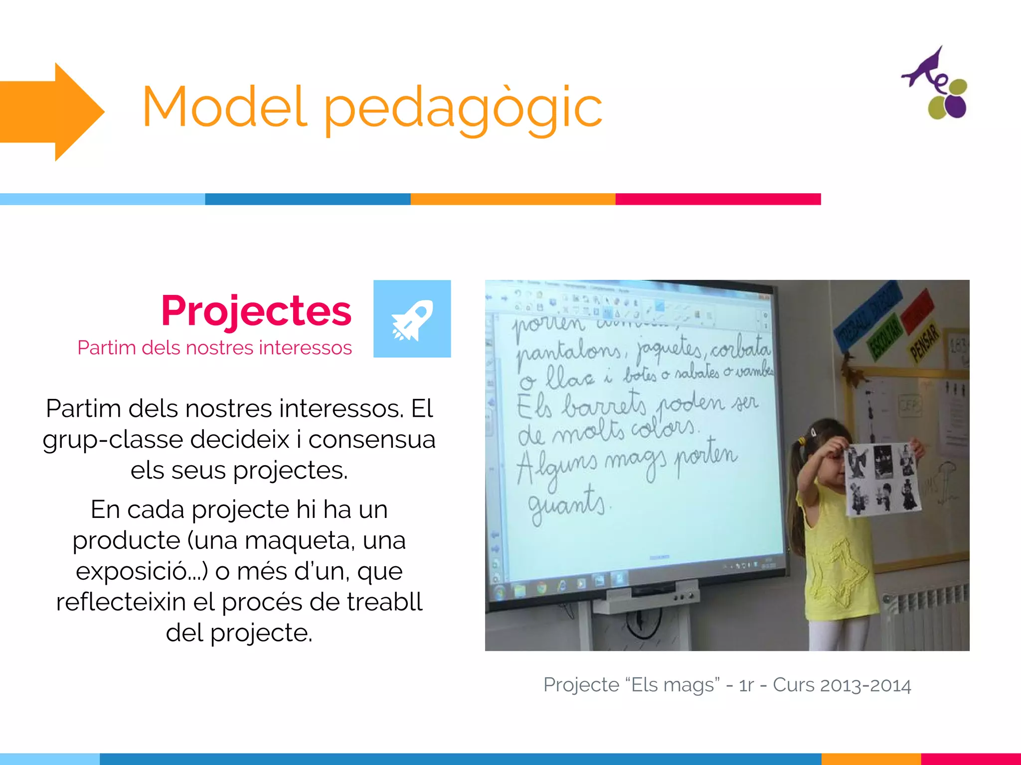 Projectes
Partim dels nostres interessos
Projecte “Els mags” - 1r - Curs 2013-2014
Model pedagògic
Partim dels nostres interessos. El
grup-classe decideix i consensua
els seus projectes.
En cada projecte hi ha un
producte (una maqueta, una
exposició...) o més d’un, que
reflecteixin el procés de treabll
del projecte.
 