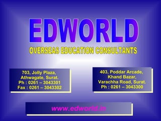EDWORLD 703, Jolly Plaza,  Athwagate, Surat. Ph : 0261 – 3043301 Fax : 0261 – 3043302 403, Poddar Arcade,  Khand Bazar, Varachha Road, Surat. Ph : 0261 – 3043300 OVERSEAS EDUCATION CONSULTANTS www.edworld.in 