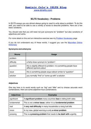 IELTS Vocabulary - Problems
In IELTS essays you are almost always going to need to write about a problem. To do this
well, you need to be able to use a variety of words to describe problems. Here are a few
basic variations.
You should note that you will need not just synonyms for “problem” but also variations of
adjectives and verbs.
For more detail on this and an interactive exercise see my Problem Vocabulary page
If you do not understand any of these words, I suggest you use the Macmillan Online
Dictionary
Synonyms and antonyms
Nouns Usage
problem
difﬁculty a fairly close synonym to “problem”:
question this is slightly different to problem: it is something people have
different opinions about
issue this is something people argue about/ similar to “question”
solution you normally “ﬁnd” or “come up with” a solution
Adjectives
One key here is to avoid words such as “big” and “little” and to choose accurate word
combinations. Here are some adjective-noun combinations
Adjectives Examples
signiﬁcant A signiﬁcant problem many countries face is falling birth rates
fundamental This is not a minor issue, rather it is a fundamental problem
real A very real difﬁculty in many households is rising fuel bills
minor In my view, global warming is only a minor problem
pressing This is a pressing problem that needs to be dealt with urgently
Dominic Cole’s IELTS Blog
www.dcielts.com
 