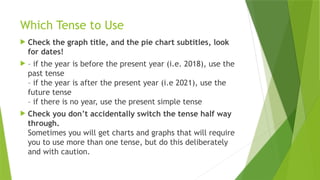 Which Tense to Use
 Check the graph title, and the pie chart subtitles, look
for dates!
 – if the year is before the present year (i.e. 2018), use the
past tense
– if the year is after the present year (i.e 2021), use the
future tense
– if there is no year, use the present simple tense
 Check you don’t accidentally switch the tense half way
through.
Sometimes you will get charts and graphs that will require
you to use more than one tense, but do this deliberately
and with caution.
 