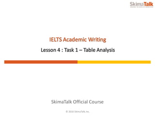 © 2016	SkimaTalk,	Inc.
SkimaTalk	Official	Course
IELTS	Academic	Writing
Lesson	4 :	Task	1	– Table	Analysis
 