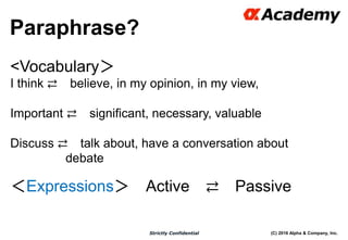 (C) 2016 Alpha & Company, Inc.Strictly Confidential
Paraphrase?
14
<Vocabulary＞
I think ⇄ believe, in my opinion, in my view,
Important ⇄ significant, necessary, valuable
Discuss ⇄ talk about, have a conversation about
debate
＜Expressions＞ Active ⇄ Passive
 