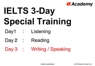 (C) 2016 Alpha & Company, Inc.Strictly Confidential
IELTS 3-Day
Special Training
18
Day1 : Listening
Day２ : Reading
Day３ : Writing / Speaking
 