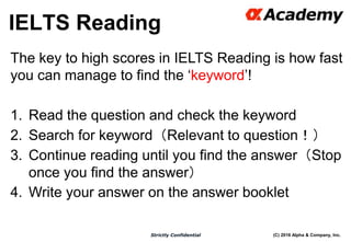 (C) 2016 Alpha & Company, Inc.Strictly Confidential
35
The key to high scores in IELTS Reading is how fast
you can manage to find the ‘keyword’!
1. Read the question and check the keyword
2. Search for keyword（Relevant to question！）
3. Continue reading until you find the answer（Stop
once you find the answer）
4. Write your answer on the answer booklet
IELTS Reading
 