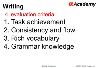 (C) 2016 Alpha & Company, Inc.Strictly Confidential
Writing
41
４ evaluation criteria
1. Task achievement
2. Consistency and flow
3. Rich vocabulary
4. Grammar knowledge
 
