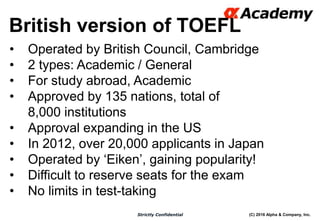 (C) 2016 Alpha & Company, Inc.Strictly Confidential
British version of TOEFL
9
• Operated by British Council, Cambridge
• 2 types: Academic / General
• For study abroad, Academic
• Approved by 135 nations, total of
8,000 institutions
• Approval expanding in the US
• In 2012, over 20,000 applicants in Japan
• Operated by ‘Eiken’, gaining popularity!
• Difficult to reserve seats for the exam
• No limits in test-taking
 