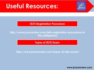 www.jroozreview.com
Useful Resources:
IELTS Registration Procedure
http://www.jroozreview.com/ielts-registration-procedure-in-
the-philippines/
Types of IELTS Exam
http://www.jroozreview.com/types-of-ielts-exam/