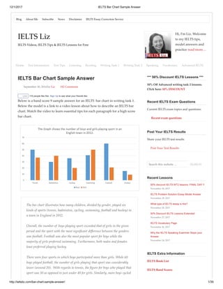 12/1/2017 IELTS Bar Chart Sample Answer
http://ieltsliz.com/bar-chart-sample-answer/ 1/39
IELTS Liz
IELTS Videos, IELTS Tips & IELTS Lessons for Free
Hi, I'm Liz. Welcome
to my IELTS tips,
model answers and
practice read more…
IELTS Bar Chart Sample Answer
September 30, 2014 by Liz 182 Comments
Below is a band score 9 sample answer for an IELTS bar chart in writing task 1.
Below the model is a link to a video lesson about how to describe an IELTS bar
chart. Watch the video to learn essential tips for each paragraph for a high score
bar chart.
The bar chart illustrates how many children, divided by gender, played six
kinds of sports (tennis, badminton, cycling, swimming, football and hockey) in
a town in England in 2012.
Overall, the number of boys playing sport exceeded that of girls in the given
period and the sport with the most signiﬁcant diﬀerence between the genders
was football. Football was also the most popular sport for boys while the
majority of girls preferred swimming. Furthermore, both males and females
least preferred playing hockey.
There were four sports in which boys participated more than girls. While 60
boys played football, the number of girls playing that sport was considerably
lower (around 20). With regards to tennis, the ﬁgure for boys who played that
sport was 50 as opposed to just under 40 for girls. Similarly, more boys cycled
*** 50% Discount IELTS Lessons ***
50% Oﬀ Advanced writing task 2 lessons.
Click here: 50% DISCOUNT
Recent IELTS Exam Questions
Current IELTS exam topics and questions:
Recent exam questions
Post Your IELTS Results
Share your IELTS test results
Post Your Test Results
Search this website … SEARCH
Recent Lessons
50% discount IELTS WT2 lessons: FINAL DAY !!
November 30, 2017
IELTS Problem Solution Essay Model Answer
November 29, 2017
What type of IELTS essay is this?
November 28, 2017
50% Discount IELTS Lessons Extended
November 27, 2017
IELTS Vocabulary Page
November 26, 2017
Why the IELTS Speaking Examiner Stops your
Answer
November 24, 2017
IELTS Extra Information
IELTS Book List
IELTS Band Scores
Blog About Me Subscribe News Disclaimer IELTS Essay Correction Service
Home Test Information Test Tips Listening Reading Writing Task 1 Writing Task 2 Speaking Vocabulary Advanced IELTS
Like 119 people like this. Sign Up to see what your friends like.
 