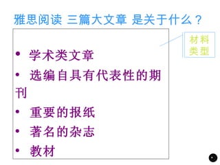 雅思阅读 三篇大文章 是关于什么？
                 材料
   学术类文章        类型

   选编自具有代表性的期
刊
   重要的报纸
   著名的杂志
   教材                *
 