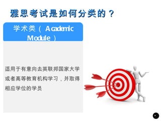 雅思考试是如何分类的？
 学术类（ A cademic
   Module）



适用于有意向去英联邦国家大学
或者高等教育机构学习，并取得
相应学位的学员



                  *
 