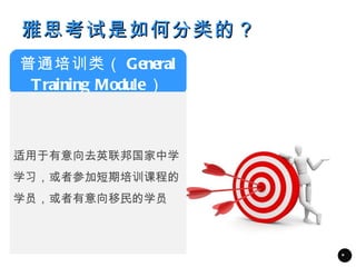 雅思考试是如何分类的？
普通培训类（ General
 T raining Module）



适用于有意向去英联邦国家中学
学习，或者参加短期培训课程的
学员，或者有意向移民的学员



                     *
 
