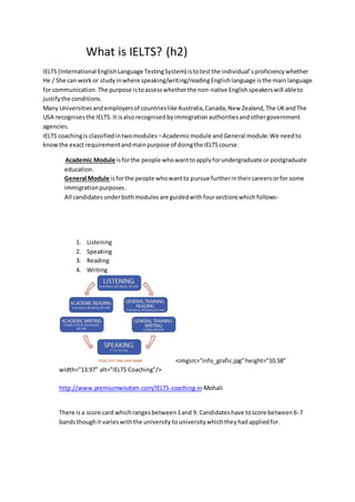 What is IELTS? (h2)
IELTS (International EnglishLanguage TestingSystem) istotestthe individual’sproficiencywhether
He / She can workor studyinwhere speaking/writing/readingEnglishlanguage isthe main language
for communication.The purpose istoassesswhetherthe non-native Englishspeakerswill ableto
justifythe conditions.
Many Universitiesandemployersof countrieslike Australia,Canada,New Zealand,The UKandThe
USA recognisesthe IELTS.It isalsorecognisedbyimmigrationauthoritiesandothergovernment
agencies.
IELTS coachingis classifiedintwomodules –Academicmodule andGeneral module.We needto
knowthe exactrequirementandmainpurpose of doingthe IELTScourse.
Academic Module isforthe people whowanttoapplyforundergraduate or postgraduate
education.
General Module isforthe people whowantto pursue furtherintheircareers orfor some
immigrationpurposes.
All candidates underbothmodules are guidedwithfoursectionswhich follows-
1. Listening
2. Speaking
3. Reading
4. Writing
<imgsrc=”info_grafic.jpg”height=”10.58”
width=”13.97” alt=”IELTS Coaching”/>
http://www.premiumwisdom.com/IELTS-coaching-in-Mohali
There is a score card whichrangesbetween1and 9. Candidateshave toscore between6-7
bandsthoughit varieswiththe university touniversity whichtheyhadappliedfor.
 