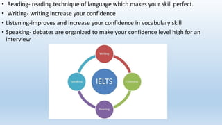 • Reading- reading technique of language which makes your skill perfect.
• Writing- writing increase your confidence
• Listening-improves and increase your confidence in vocabulary skill
• Speaking- debates are organized to make your confidence level high for an
interview
 
