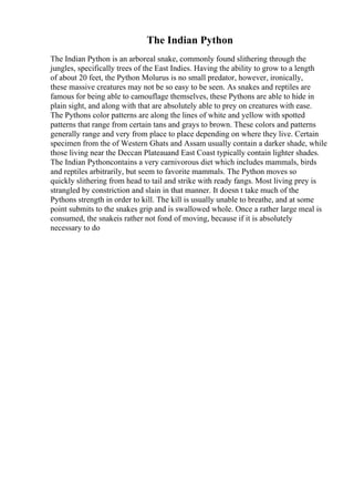 The Indian Python
The Indian Python is an arboreal snake, commonly found slithering through the
jungles, specifically trees of the East Indies. Having the ability to grow to a length
of about 20 feet, the Python Molurus is no small predator, however, ironically,
these massive creatures may not be so easy to be seen. As snakes and reptiles are
famous for being able to camouflage themselves, these Pythons are able to hide in
plain sight, and along with that are absolutely able to prey on creatures with ease.
The Pythons color patterns are along the lines of white and yellow with spotted
patterns that range from certain tans and grays to brown. These colors and patterns
generally range and very from place to place depending on where they live. Certain
specimen from the of Western Ghats and Assam usually contain a darker shade, while
those living near the Deccan Plateauand East Coast typically contain lighter shades.
The Indian Pythoncontains a very carnivorous diet which includes mammals, birds
and reptiles arbitrarily, but seem to favorite mammals. The Python moves so
quickly slithering from head to tail and strike with ready fangs. Most living prey is
strangled by constriction and slain in that manner. It doesn t take much of the
Pythons strength in order to kill. The kill is usually unable to breathe, and at some
point submits to the snakes grip and is swallowed whole. Once a rather large meal is
consumed, the snakeis rather not fond of moving, because if it is absolutely
necessary to do
 