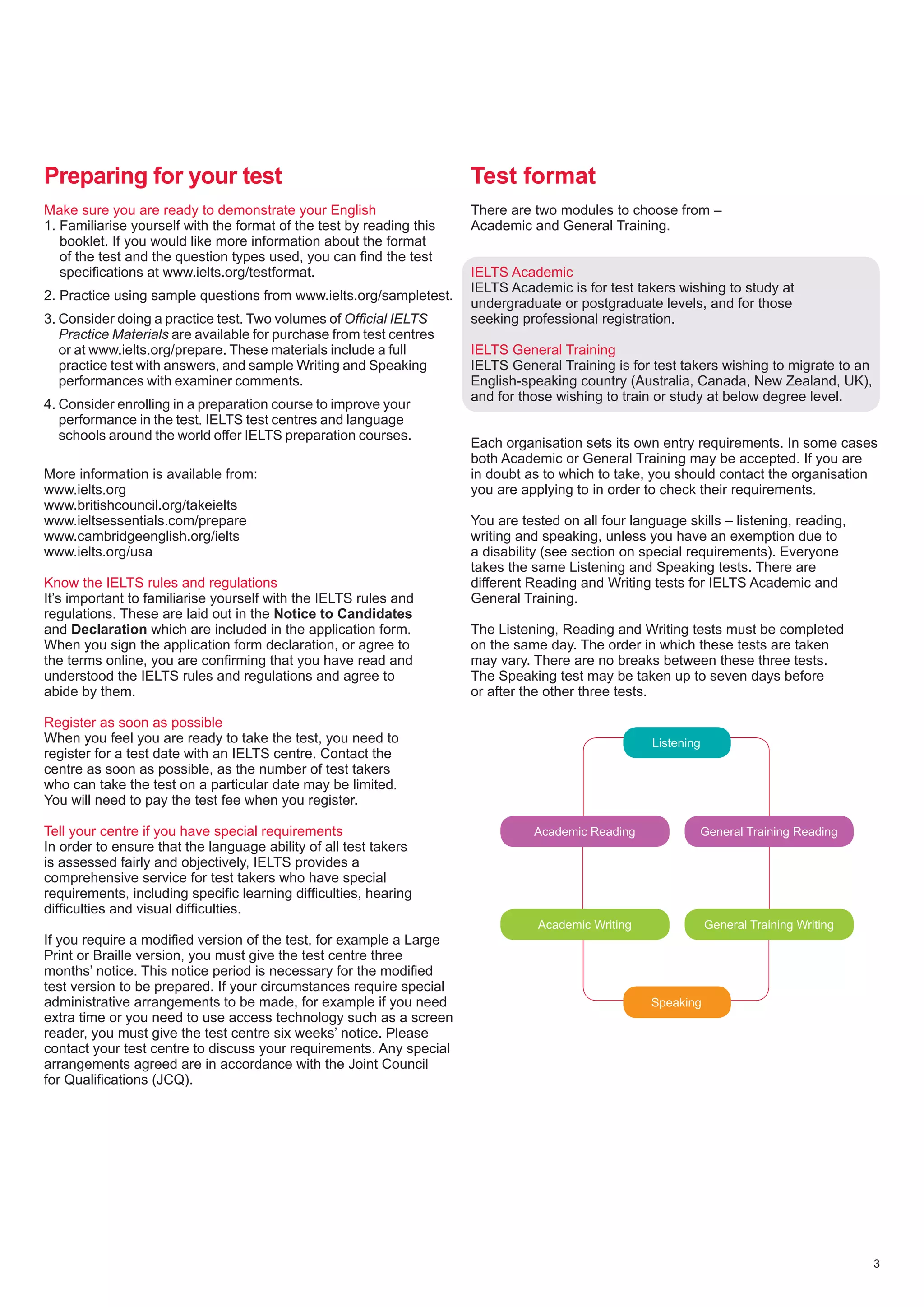 3
Make sure you are ready to demonstrate your English
1. Familiarise yourself with the format of the test by reading this
booklet. If you would like more information about the format
of the test and the question types used, you can find the test
specifications at www.ielts.org/testformat.
2. Practice using sample questions from www.ielts.org/sampletest.
3. Consider doing a practice test. Two volumes of Official IELTS
Practice Materials are available for purchase from test centres
or at www.ielts.org/prepare. These materials include a full
practice test with answers, and sample Writing and Speaking
performances with examiner comments.
4. Consider enrolling in a preparation course to improve your
performance in the test. IELTS test centres and language
schools around the world offer IELTS preparation courses.
More information is available from:
www.ielts.org
www.britishcouncil.org/takeielts
www.ieltsessentials.com/prepare
www.cambridgeenglish.org/ielts
www.ielts.org/usa
Know the IELTS rules and regulations
It’s important to familiarise yourself with the IELTS rules and
regulations. These are laid out in the Notice to Candidates
and Declaration which are included in the application form.
When you sign the application form declaration, or agree to
the terms online, you are confirming that you have read and
understood the IELTS rules and regulations and agree to
abide by them.
Register as soon as possible
When you feel you are ready to take the test, you need to
register for a test date with an IELTS centre. Contact the
centre as soon as possible, as the number of test takers
who can take the test on a particular date may be limited.
You will need to pay the test fee when you register.
Tell your centre if you have special requirements
In order to ensure that the language ability of all test takers
is assessed fairly and objectively, IELTS provides a
comprehensive service for test takers who have special
requirements, including specific learning difficulties, hearing
difficulties and visual difficulties.
If you require a modified version of the test, for example a Large
Print or Braille version, you must give the test centre three
months’ notice. This notice period is necessary for the modified
test version to be prepared. If your circumstances require special
administrative arrangements to be made, for example if you need
extra time or you need to use access technology such as a screen
reader, you must give the test centre six weeks’ notice. Please
contact your test centre to discuss your requirements. Any special
arrangements agreed are in accordance with the Joint Council
for Qualifications (JCQ).
Listening
Speaking
Academic Reading
Academic Writing
General Training Reading
General Training Writing
There are two modules to choose from –
Academic and General Training.
IELTS Academic
IELTS Academic is for test takers wishing to study at
undergraduate or postgraduate levels, and for those
seeking professional registration.
IELTS General Training
IELTS General Training is for test takers wishing to migrate to an
English-speaking country (Australia, Canada, New Zealand, UK),
and for those wishing to train or study at below degree level.
Each organisation sets its own entry requirements. In some cases
both Academic or General Training may be accepted. If you are
in doubt as to which to take, you should contact the organisation
you are applying to in order to check their requirements.
You are tested on all four language skills – listening, reading,
writing and speaking, unless you have an exemption due to
a disability (see section on special requirements). Everyone
takes the same Listening and Speaking tests. There are
different Reading and Writing tests for IELTS Academic and
General Training.
The Listening, Reading and Writing tests must be completed
on the same day. The order in which these tests are taken
may vary. There are no breaks between these three tests.
The Speaking test may be taken up to seven days before
or after the other three tests.
Preparing for your test Test format
 
