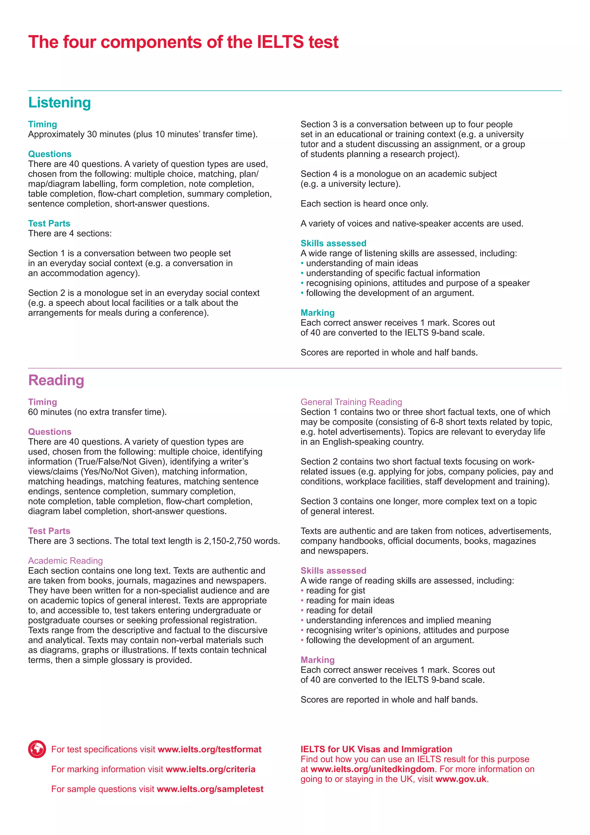 Reading
Timing
60 minutes (no extra transfer time).
Questions
There are 40 questions. A variety of question types are
used, chosen from the following: multiple choice, identifying
information (True/False/Not Given), identifying a writer’s
views/claims (Yes/No/Not Given), matching information,
matching headings, matching features, matching sentence
endings, sentence completion, summary completion,
note completion, table completion, flow-chart completion,
diagram label completion, short-answer questions.
Test Parts
There are 3 sections. The total text length is 2,150-2,750 words.
Academic Reading
Each section contains one long text. Texts are authentic and
are taken from books, journals, magazines and newspapers.
They have been written for a non-specialist audience and are
on academic topics of general interest. Texts are appropriate
to, and accessible to, test takers entering undergraduate or
postgraduate courses or seeking professional registration.
Texts range from the descriptive and factual to the discursive
and analytical. Texts may contain non-verbal materials such
as diagrams, graphs or illustrations. If texts contain technical
terms, then a simple glossary is provided.
General Training Reading
Section 1 contains two or three short factual texts, one of which
may be composite (consisting of 6-8 short texts related by topic,
e.g. hotel advertisements). Topics are relevant to everyday life
in an English-speaking country.
Section 2 contains two short factual texts focusing on work-
related issues (e.g. applying for jobs, company policies, pay and
conditions, workplace facilities, staff development and training).
Section 3 contains one longer, more complex text on a topic
of general interest.
Texts are authentic and are taken from notices, advertisements,
company handbooks, official documents, books, magazines
and newspapers.
Skills assessed
A wide range of reading skills are assessed, including:
• reading for gist
• reading for main ideas
• reading for detail
• understanding inferences and implied meaning
• recognising writer’s opinions, attitudes and purpose
• following the development of an argument.
Marking
Each correct answer receives 1 mark. Scores out
of 40 are converted to the IELTS 9-band scale.
Scores are reported in whole and half bands.
The four components of the IELTS test
Listening
Timing
Approximately 30 minutes (plus 10 minutes’ transfer time).
Questions
There are 40 questions. A variety of question types are used,
chosen from the following: multiple choice, matching, plan/
map/diagram labelling, form completion, note completion,
table completion, flow-chart completion, summary completion,
sentence completion, short-answer questions.
Test Parts
There are 4 sections:
Section 1 is a conversation between two people set
in an everyday social context (e.g. a conversation in
an accommodation agency).
Section 2 is a monologue set in an everyday social context
(e.g. a speech about local facilities or a talk about the
arrangements for meals during a conference).
Section 3 is a conversation between up to four people
set in an educational or training context (e.g. a university
tutor and a student discussing an assignment, or a group
of students planning a research project).
Section 4 is a monologue on an academic subject
(e.g. a university lecture).
Each section is heard once only.
A variety of voices and native-speaker accents are used.
Skills assessed
A wide range of listening skills are assessed, including:
• understanding of main ideas
• understanding of specific factual information
• recognising opinions, attitudes and purpose of a speaker
• following the development of an argument.
Marking
Each correct answer receives 1 mark. Scores out
of 40 are converted to the IELTS 9-band scale.
Scores are reported in whole and half bands.
For test specifications visit www.ielts.org/testformat
For marking information visit www.ielts.org/criteria
For sample questions visit www.ielts.org/sampletest
IELTS for UK Visas and Immigration
Find out how you can use an IELTS result for this purpose
at www.ielts.org/unitedkingdom. For more information on
going to or staying in the UK, visit www.gov.uk.
 