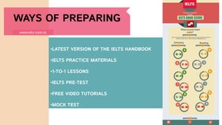 •LATEST VERSION OF THE IELTS HANDBOOK
•IELTS PRACTICE MATERIALS
•1-TO-1 LESSONS
•IELTS PRE-TEST
•FREE VIDEO TUTORIALS
•MOCK TEST
WAYS OF PREPARING
www.edu-care.co
 