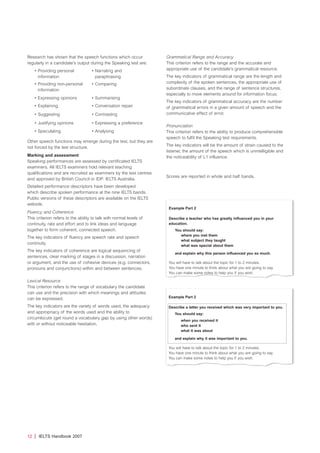 Research has shown that the speech functions which occur
regularly in a candidate’s output during the Speaking test are:
Other speech functions may emerge during the test, but they are
not forced by the test structure.
Marking and assessment
Speaking performances are assessed by certificated IELTS
examiners. All IELTS examiners hold relevant teaching
qualifications and are recruited as examiners by the test centres
and approved by British Council or IDP: IELTS Australia.
Detailed performance descriptors have been developed
which describe spoken performance at the nine IELTS bands.
Public versions of these descriptors are available on the IELTS
website.
Fluency and Coherence
This criterion refers to the ability to talk with normal levels of
continuity, rate and effort and to link ideas and language
together to form coherent, connected speech.
The key indicators of fluency are speech rate and speech
continuity.
The key indicators of coherence are logical sequencing of
sentences, clear marking of stages in a discussion, narration
or argument, and the use of cohesive devices (e.g. connectors,
pronouns and conjunctions) within and between sentences.
Lexical Resource
This criterion refers to the range of vocabulary the candidate
can use and the precision with which meanings and attitudes
can be expressed.
The key indicators are the variety of words used, the adequacy
and appropriacy of the words used and the ability to
circumlocute (get round a vocabulary gap by using other words)
with or without noticeable hesitation.
Grammatical Range and Accuracy
This criterion refers to the range and the accurate and
appropriate use of the candidate’s grammatical resource.
The key indicators of grammatical range are the length and
complexity of the spoken sentences, the appropriate use of
subordinate clauses, and the range of sentence structures,
especially to move elements around for information focus.
The key indicators of grammatical accuracy are the number
of grammatical errors in a given amount of speech and the
communicative effect of error.
Pronunciation
This criterion refers to the ability to produce comprehensible
speech to fulfil the Speaking test requirements.
The key indicators will be the amount of strain caused to the
listener, the amount of the speech which is unintelligible and
the noticeability of L1 influence.
Scores are reported in whole and half bands.
12 | IELTS Handbook 2007
Example Part 2
Describe a teacher who has greatly influenced you in your
education.
You should say:
where you met them
what subject they taught
what was special about them
and explain why this person influenced you so much.
You will have to talk about the topic for 1 to 2 minutes.
You have one minute to think about what you are going to say.
You can make some notes to help you if you wish.
Example Part 2
Describe a letter you received which was very important to you.
You should say:
when you received it
who sent it
what it was about
and explain why it was important to you.
You will have to talk about the topic for 1 to 2 minutes.
You have one minute to think about what you are going to say.
You can make some notes to help you if you wish.
• Providing personal
information
• Narrating and
paraphrasing
• Providing non-personal
information
• Comparing
• Expressing opinions • Summarising
• Explaining • Conversation repair
• Suggesting • Contrasting
• Justifying opinions • Expressing a preference
• Speculating • Analysing
4173 7Y07 IELTShbk_body [prf5] 22/6/07 15:33 Page 12
 