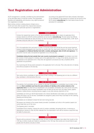 IELTS management is centrally controlled but the administration
of the test takes place in local test centres. This guarantees
flexibility and adaptability, and ensures a very rapid turnaround
from registration to results.
Most centres conduct a testing session at least once a
month and more often at peak times. Special test sessions
can be arranged for particular sponsors or organisations
according to the global IELTS test date schedule. Information
on the availability of test sessions at centres can be found on the
IELTS website www.ielts.org The chart below shows the test
procedure for candidates.
IELTS Handbook 2007 | 13
Test Registration and Administration
DAY OF THE TEST
The identity of all candidates will be checked on test day. Photographs of candidates may be taken on the
test day. Each candidate must have the same evidence of identity as the number entered on the
application form. No other forms of identification are acceptable. Candidates also need pencils and pens,
a pencil sharpener, and an eraser. Candidates must not take into the test room any bags, books, papers,
cameras, mobile phones, recording devices, pagers or any other devices, electronic or not.
Candidates are met by an IELTS Administrator who checks identification and makes sure candidates know
where and when to go for the test. Candidates are assigned a place which they must keep for the Listening,
Reading and Writing tests.
Candidates are not allowed to leave the test room during any test.
All answers are entered on the answer sheets provided. Candidates can write on the question papers but
cannot take them out of the room.
The Speaking test is recorded.
Candidates found cheating, copying the work of another candidate, disrupting the test, or removing or
attempting to remove or copy any test materials from the examination room will not receive a result and may
be liable to prosecution.
CONFIRMATION
Test centre informs candidate of date and time of test in writing. If the Speaking test is to be on a different
day, candidate is informed about this now.
ENQUIRY
Contact the nearest test centre to find out about available test dates and to obtain an application form.
Contact details for all IELTS centres worldwide can be found at www.ielts.org. The test centre has Official
IELTS Practice Materials for sale and these can also be bought directly from Cambridge ESOL or IDP: IELTS
Australia using the order form in this Handbook.
APPLICATION
Fill in the application form and send it or take it to the test centre with the test fee and two recent identical
passport-sized photographs (not more than six months old). You need some evidence of identity. This must
be a passport or a National Identity Card with a number, photograph, date of birth and signature. The
document must be valid, not expired at registration nor on the test day.
Candidates taking the test outside their own country must present a passport. Candidates must enter
the number of their passport or identity card on the application form. A copy of the identity document is to
be attached to the application form. Only when all registration procedures are fully completed will the
application be processed.
You must bring the ID document indicated on the application form to the test. This is the only form of identity
that will be accepted on the test day.
RESULTS
Results will be produced 13 days after the test. At some centres candidates may collect their results on the
13th day; at others results are mailed to candidates on the 13th day. Test centres are not permitted to give
results over the phone or by fax or email.
4173 7Y07 IELTShbk_body [prf5] 22/6/07 15:33 Page 13
 