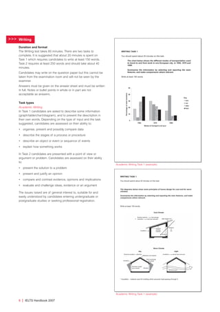 >>> Writing
Duration and format
The Writing test takes 60 minutes. There are two tasks to
complete. It is suggested that about 20 minutes is spent on
Task 1 which requires candidates to write at least 150 words.
Task 2 requires at least 250 words and should take about 40
minutes.
Candidates may write on the question paper but this cannot be
taken from the examination room and will not be seen by the
examiner.
Answers must be given on the answer sheet and must be written
in full. Notes or bullet points in whole or in part are not
acceptable as answers.
Task types
Academic Writing
In Task 1 candidates are asked to describe some information
(graph/table/chart/diagram), and to present the description in
their own words. Depending on the type of input and the task
suggested, candidates are assessed on their ability to:
• organise, present and possibly compare data
• describe the stages of a process or procedure
• describe an object or event or sequence of events
• explain how something works
In Task 2 candidates are presented with a point of view or
argument or problem. Candidates are assessed on their ability
to:
• present the solution to a problem
• present and justify an opinion
• compare and contrast evidence, opinions and implications
• evaluate and challenge ideas, evidence or an argument
The issues raised are of general interest to, suitable for and
easily understood by candidates entering undergraduate or
postgraduate studies or seeking professional registration.
8 | IELTS Handbook 2007
Academic Writing Task 1 (example)
Academic Writing Task 1 (example)
4173 7Y07 IELTShbk_body [prf5] 22/6/07 15:33 Page 8
 