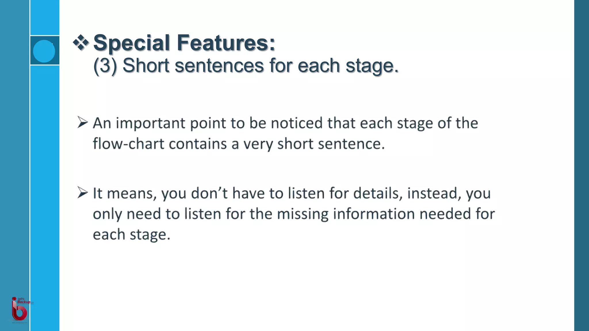 Special Features:
(3) Short sentences for each stage.
 