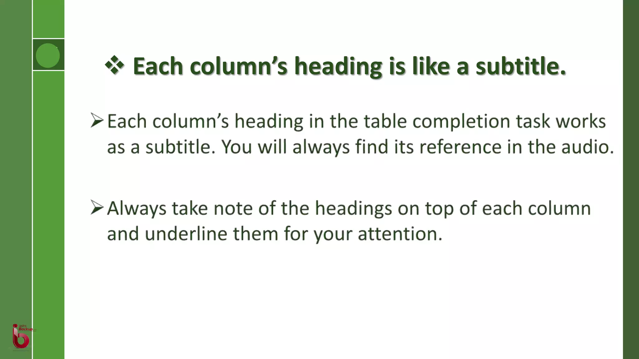  Each column’s heading is like a subtitle.
 