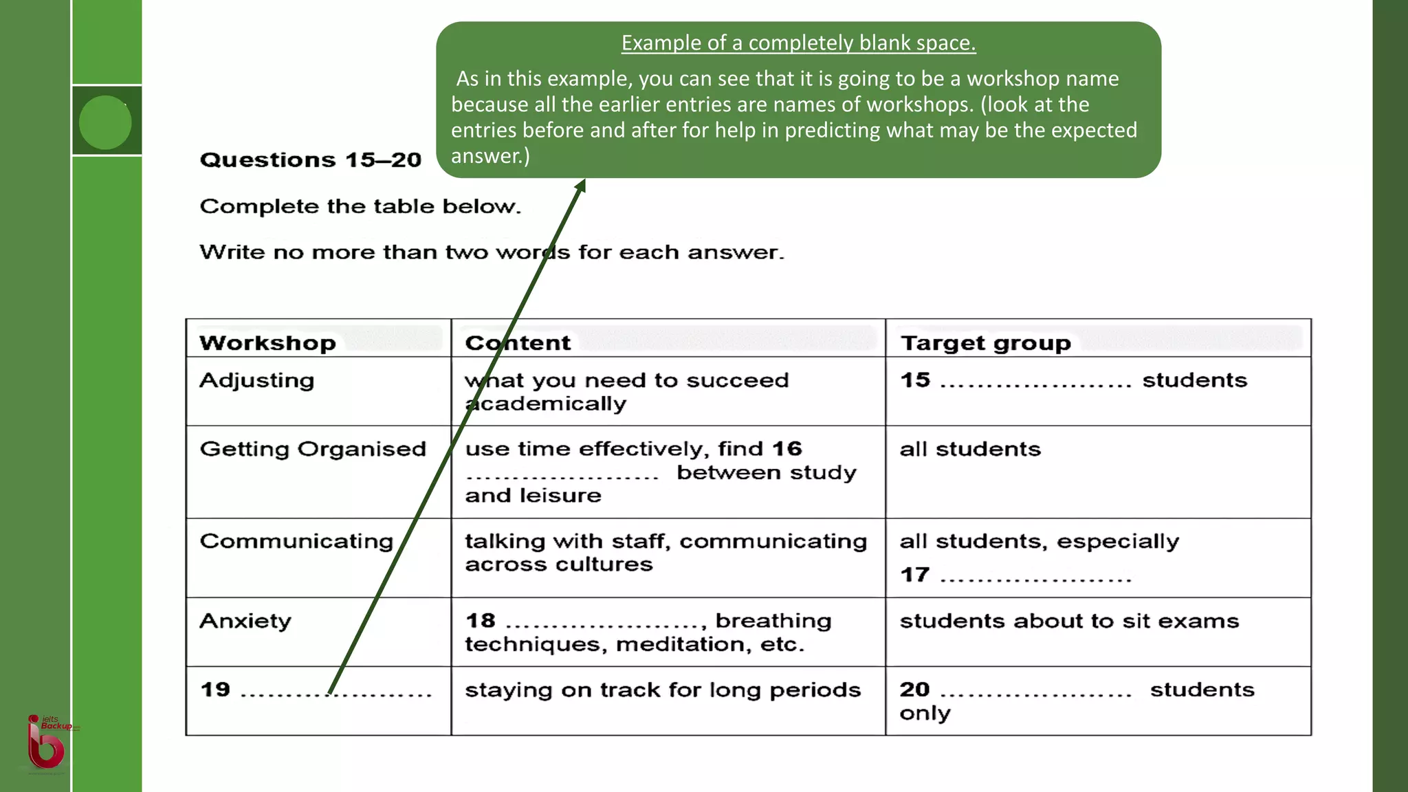 Example of a completely blank space.
As in this example, you can see that it is going to be a workshop name
because all the earlier entries are names of workshops. (look at the
entries before and after for help in predicting what may be the expected
answer.)
 