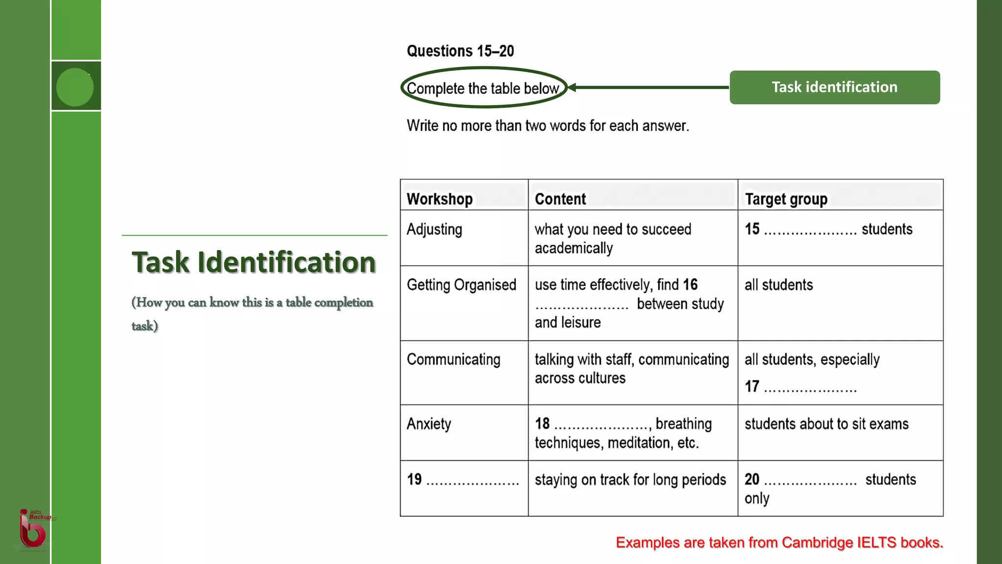 Task Identification
(How you can know this is a table completion
task)
Task identification
Examples are taken from Cambridge IELTS books.
 