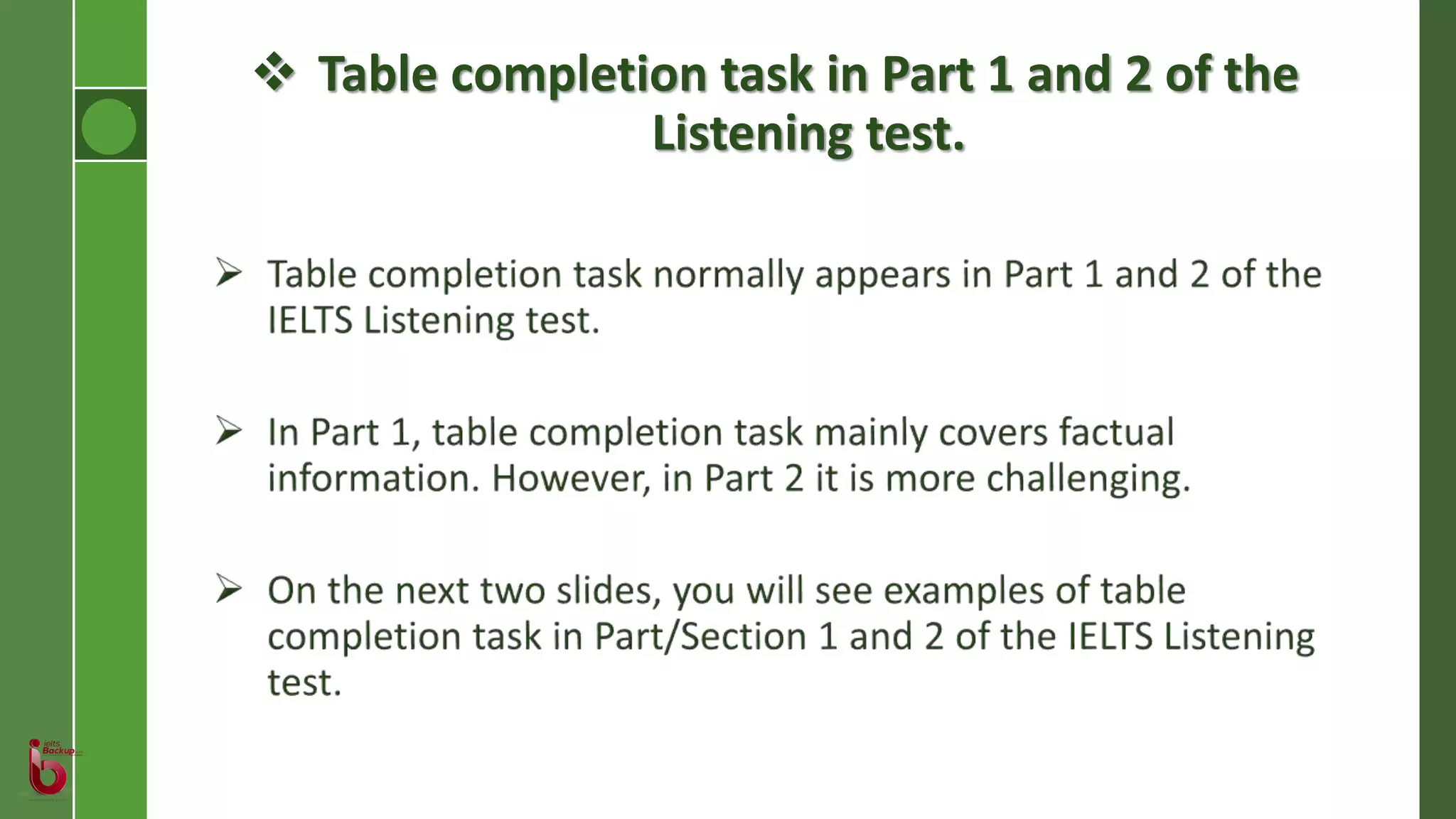  Table completion task in Part 1 and 2 of the
Listening test.
 