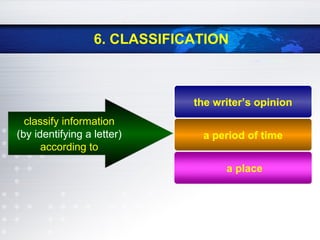 6. CLASSIFICATION
the writer’s opinion
a period of time
a place
classify information
(by identifying a letter)
according to
 