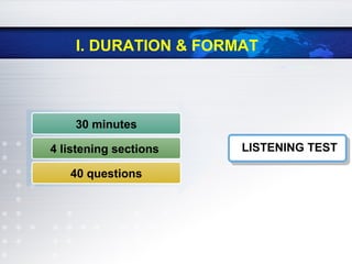 I. DURATION & FORMAT
30 minutes
4 listening sections
40 questions
LISTENING TEST
 