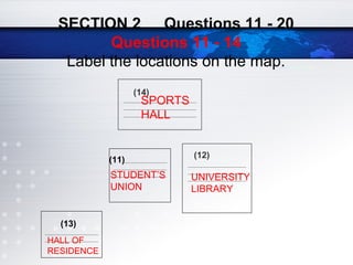 SECTION 2 Questions 11 - 20
Questions 11 - 14
Label the locations on the map.
(11)
(12)
(13)
(14)
SPORTS
HALL
STUDENT’S
UNION
UNIVERSITY
LIBRARY
HALL OF
RESIDENCE
 