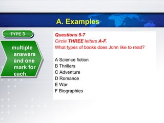 A. Examples
Questions 5-7
Circle THREE letters A-F.
What types of books does John like to read?
A Science fiction
B Thrillers
C Adventure
D Romance
E War
F Biographies
TYPE 3TYPE 3
multiple
answers
and one
mark for
each.
 