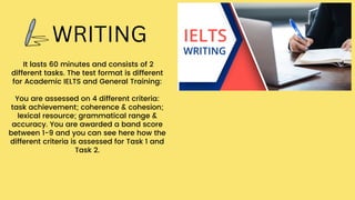 It lasts 60 minutes and consists of 2
different tasks. The test format is different
for Academic IELTS and General Training:


You are assessed on 4 different criteria:
task achievement; coherence & cohesion;
lexical resource; grammatical range &
accuracy. You are awarded a band score
between 1-9 and you can see here how the
different criteria is assessed for Task 1 and
Task 2.


WRITING
 