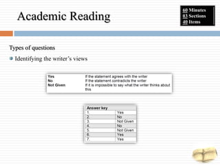 <ul><li>Types of questions </li></ul><ul><li>Identifying the writer’s views </li></ul>Academic Reading 60  Minutes 03  Sec...