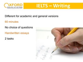 Different for academic and general versions 
60 minutes 
No choice of questions 
Handwritten essays 
2 tasks 
IELTS –Writing 
 