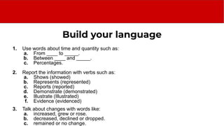 Build your language
1. Use words about time and quantity such as:
a. From ____ to _____.
b. Between ____ and _____.
c. Percentages.
2. Report the information with verbs such as:
a. Shows (showed)
b. Represents (represented)
c. Reports (reported)
d. Demonstrate (demonstrated)
e. Illustrate (Illustrated)
f. Evidence (evidenced)
3. Talk about changes with words like:
a. increased, grew or rose.
b. decreased, declined or dropped.
c. remained or no change.
 