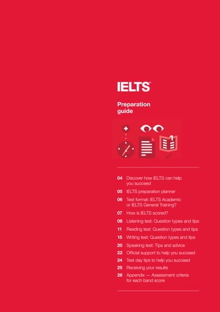 04	 Discover how IELTS can help
	 you succeed
05	 IELTS preparation planner
06	
Test format: IELTS Academic
or IELTS General Training?
07	 How is IELTS scored?
08	 Listening test: Question types and tips
11	 Reading test: Question types and tips
15	 Writing test: Question types and tips
20	 Speaking test: Tips and advice
22	 Official support to help you succeed
24	 Test day tips to help you succeed
25	 Receiving your results
26	 Appendix — Assessment criteria
	 for each band score
Preparation
guide
 