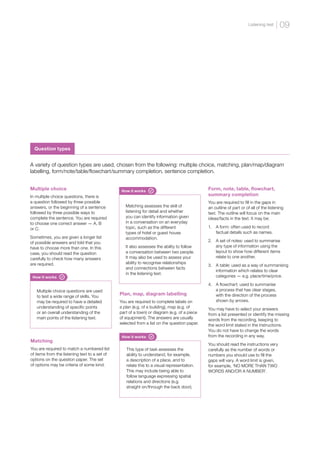 Question types
A variety of question types are used, chosen from the following: multiple choice, matching, plan/map/diagram
labelling, form/note/table/flowchart/summary completion, sentence completion.
Multiple choice
In multiple choice questions, there is
a question followed by three possible
answers, or the beginning of a sentence
followed by three possible ways to
complete the sentence. You are required
to choose one correct answer — A, B
or C.
Sometimes, you are given a longer list
of possible answers and told that you
have to choose more than one. In this
case, you should read the question
carefully to check how many answers
are required.
Matching
You are required to match a numbered list
of items from the listening text to a set of
options on the question paper. The set
of options may be criteria of some kind.
How it works
Multiple choice questions are used
to test a wide range of skills. You
may be required to have a detailed
understanding of specific points
or an overall understanding of the
main points of the listening text.
How it works
Matching assesses the skill of
listening for detail and whether
you can identify information given
in a conversation on an everyday
topic, such as the different
types of hotel or guest house
accommodation.
It also assesses the ability to follow
a conversation between two people.
It may also be used to assess your
ability to recognise relationships
and connections between facts
in the listening text.
Form, note, table, flowchart,
summary completion
You are required to fill in the gaps in
an outline of part or of all of the listening
text. The outline will focus on the main
ideas/facts in the text. It may be:
1.	
A form: often used to record
factual details such as names.
2.	
A set of notes: used to summarise
any type of information using the
layout to show how different items
relate to one another.
3.	
A table: used as a way of summarising
information which relates to clear
categories — e.g. place/time/price.
4.	
A flowchart: used to summarise
a process that has clear stages,
with the direction of the process
shown by arrows.
You may have to select your answers
from a list presented or identify the missing
words from the recording, keeping to
the word limit stated in the instructions.
You do not have to change the words
from the recording in any way.
You should read the instructions very
carefully as the number of words or
numbers you should use to fill the
gaps will vary. A word limit is given,
for example, ‘NO MORE THAN TWO
WORDS AND/OR A NUMBER’.
How it works
Plan, map, diagram labelling
You are required to complete labels on
a plan (e.g. of a building), map (e.g. of
part of a town) or diagram (e.g. of a piece
of equipment). The answers are usually
selected from a list on the question paper.
This type of task assesses the
ability to understand, for example,
a description of a place, and to
relate this to a visual representation.
This may include being able to
follow language expressing spatial
relations and directions (e.g.
straight on/through the back door).
09
Listening test
 